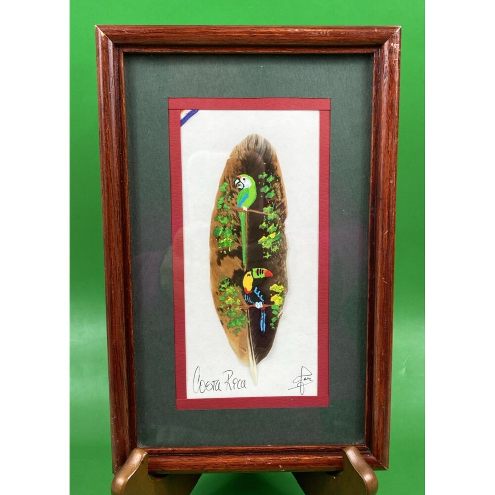 Framed Parrots Painted Art on a Feather Costa Rica Artwork Signed By Artist